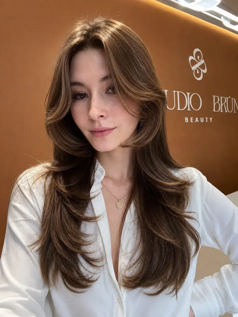 Corte com visagismo em cabelo moreno comprido — Studio Brün Recife
