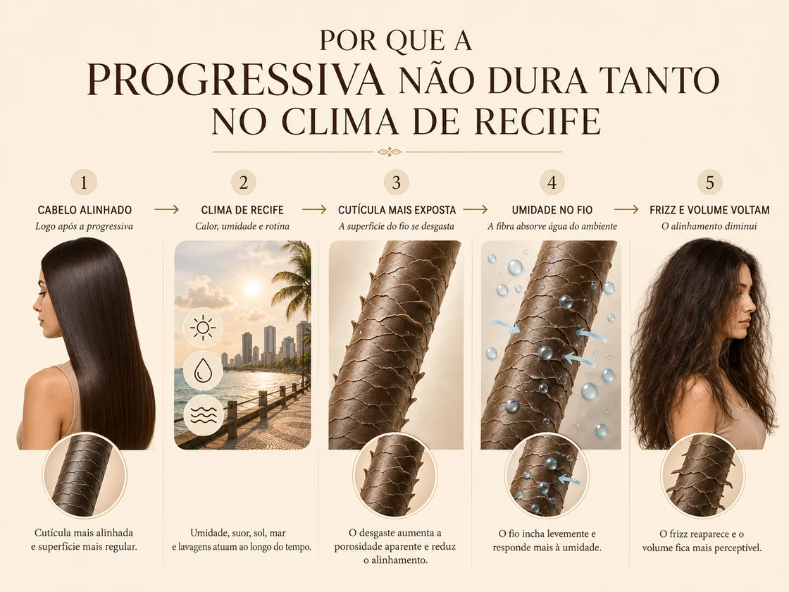 Ciclo do frizz em cinco etapas, do cabelo alinhado à volta do volume no clima de Recife — Studio Brün salão Recife