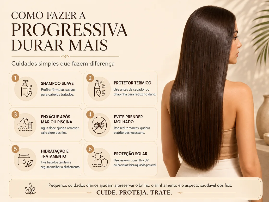 Seis cuidados que ajudam a progressiva a durar mais: shampoo suave, protetor térmico, enxágue após mar ou piscina, evitar prender molhado, hidratação e proteção solar — Studio Brün salão Recife