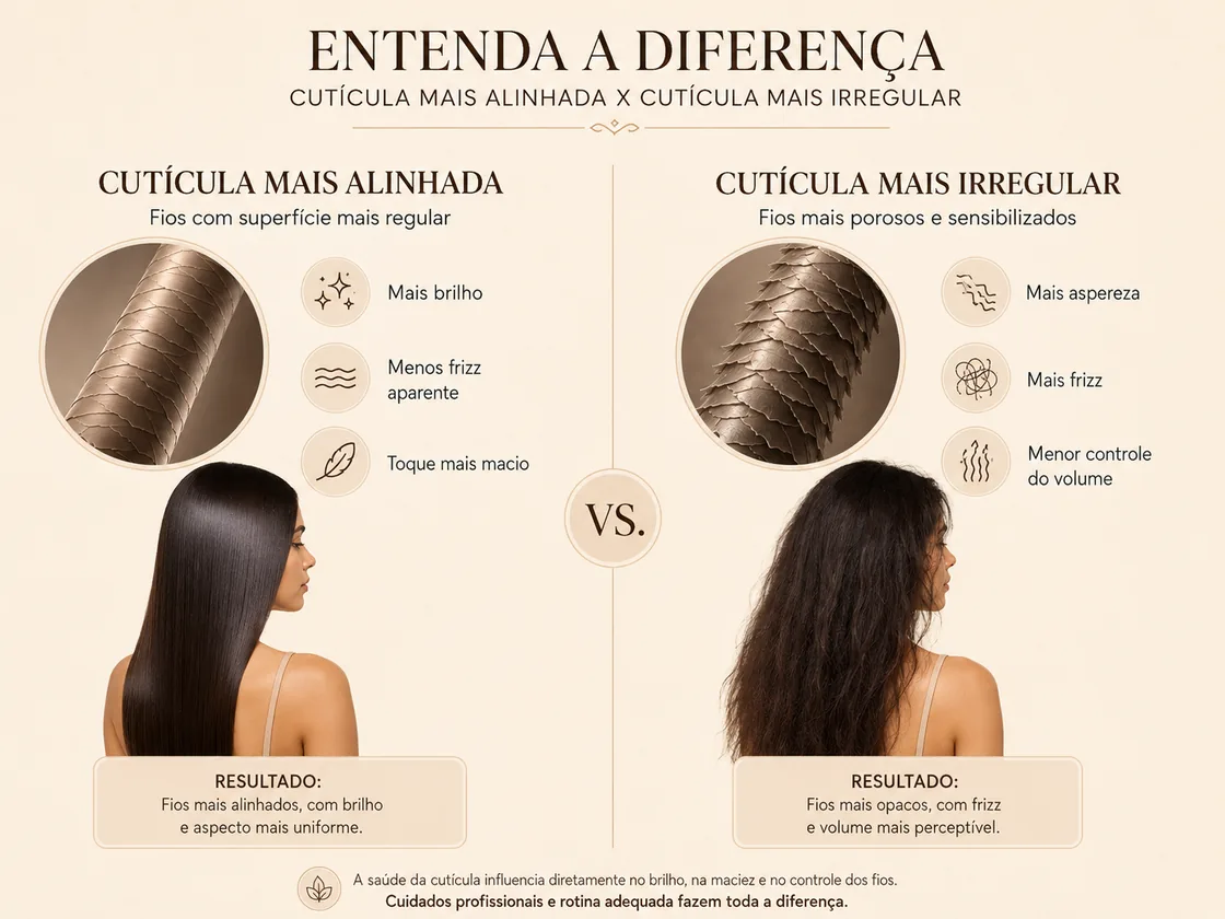 Comparativo entre cutícula alinhada e cutícula irregular e o efeito no brilho e no frizz do cabelo — Studio Brün salão Recife