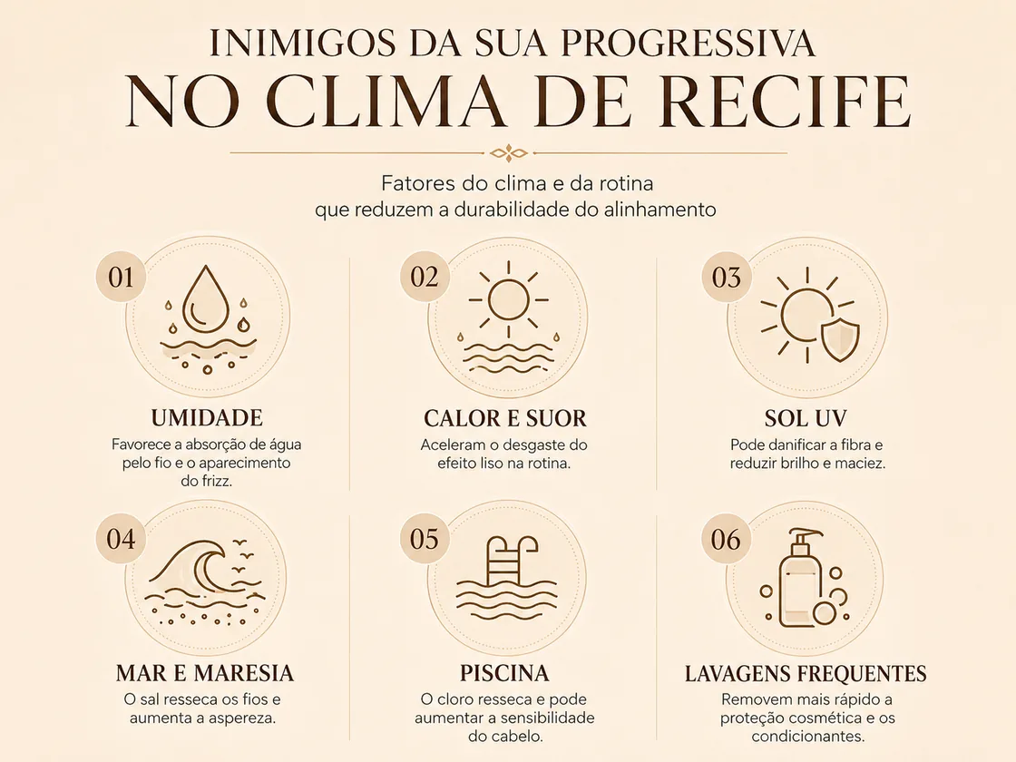 Seis fatores do clima e da rotina que reduzem a durabilidade da progressiva: umidade, calor e suor, sol UV, mar e maresia, piscina e lavagens frequentes — Studio Brün salão Recife